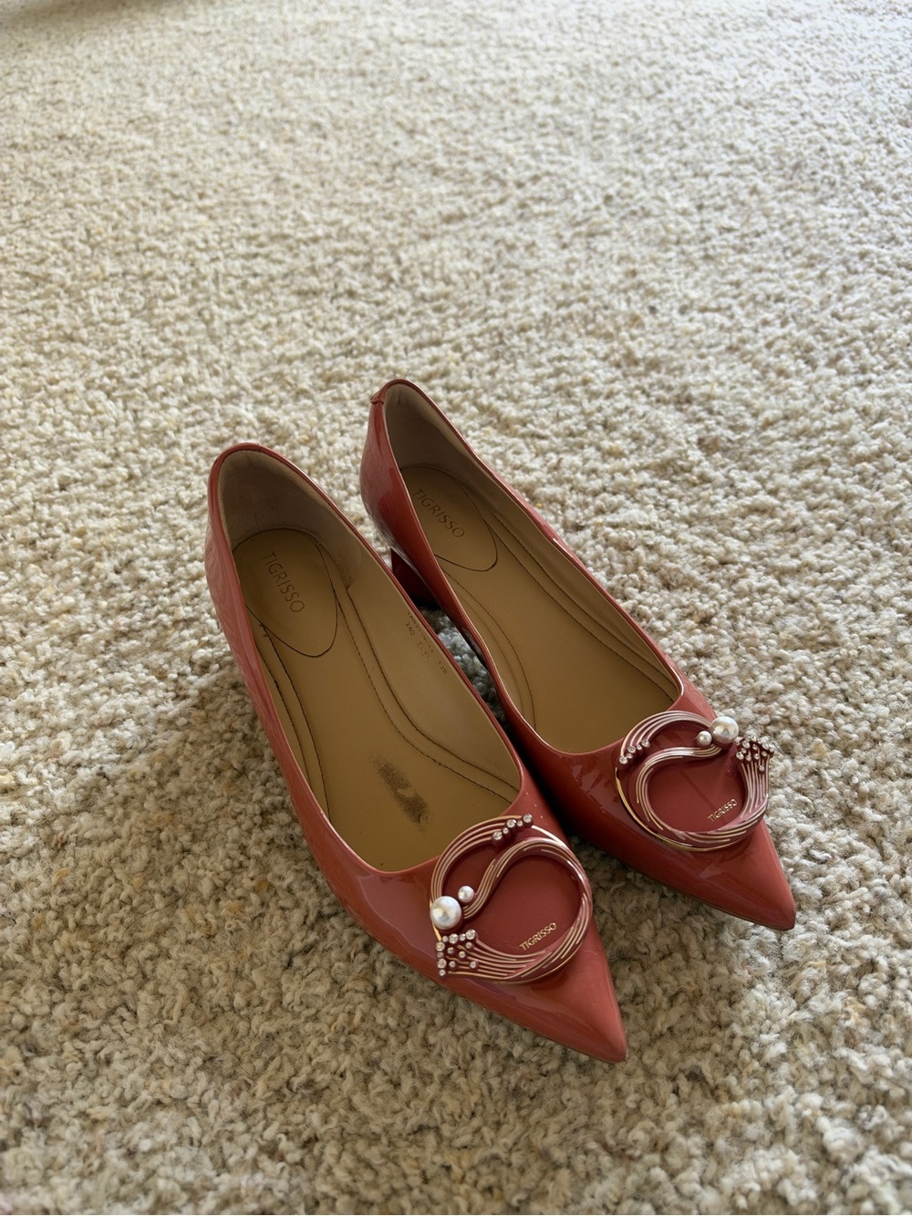Patent Pointed-Toe Flats with Pearl Accent - Coral Pink